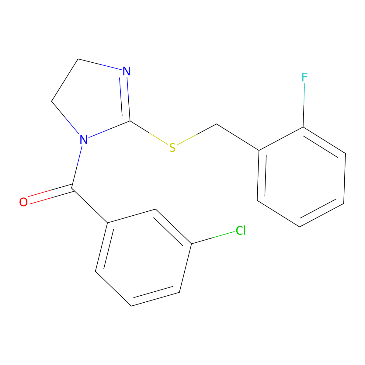 (3-Chlorophenyl)-[2-[(2-fluorophenyl)methylsulfanyl]-4,5-dihydroimidazol-1-yl]methanone molecular structure, CAS 851806-94-5