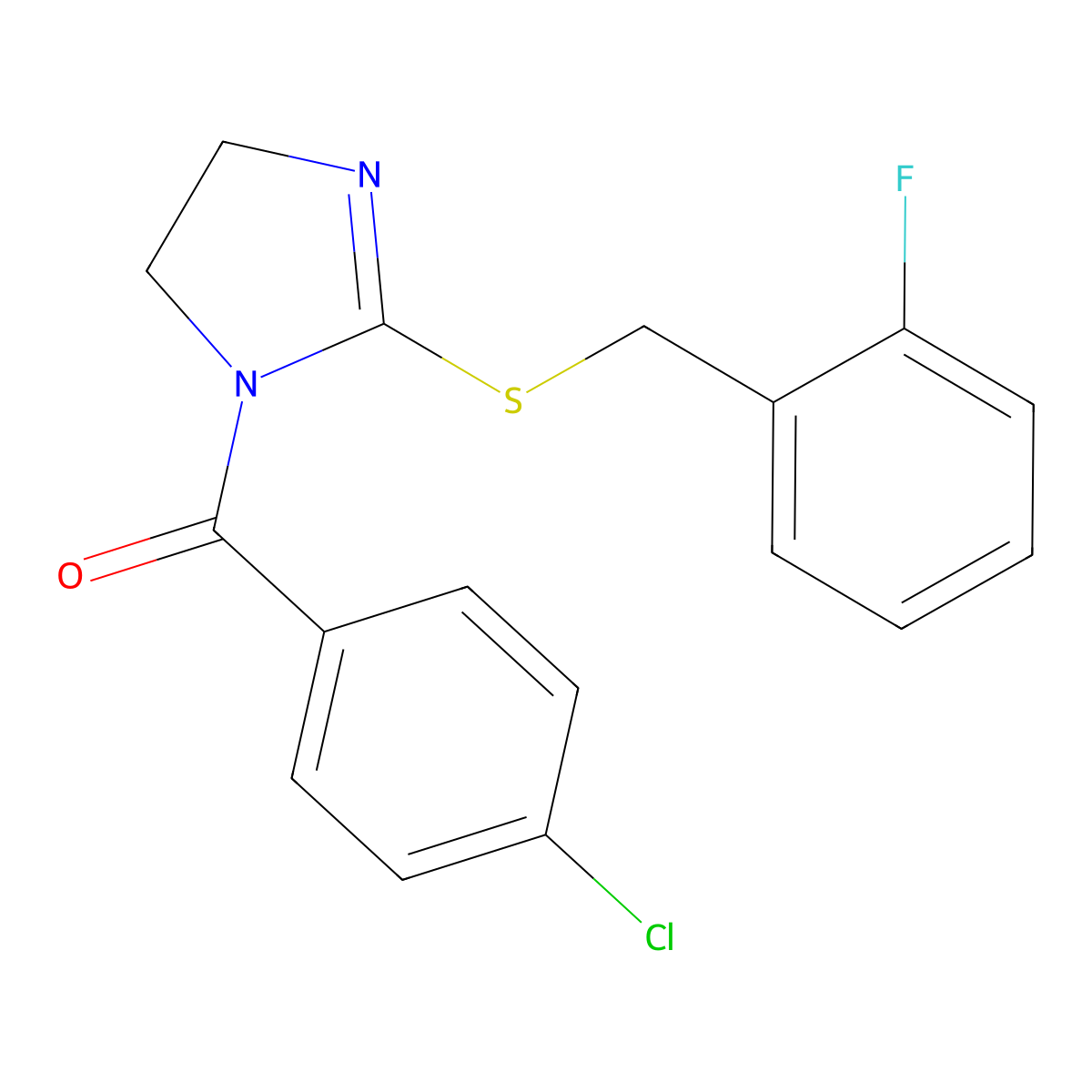 (4-chlorophenyl)(2-((2-fluorobenzyl)thio)-4,5-dihydro-1H-imidazol-1-yl)methanone molecular structure, CAS 851806-95-6