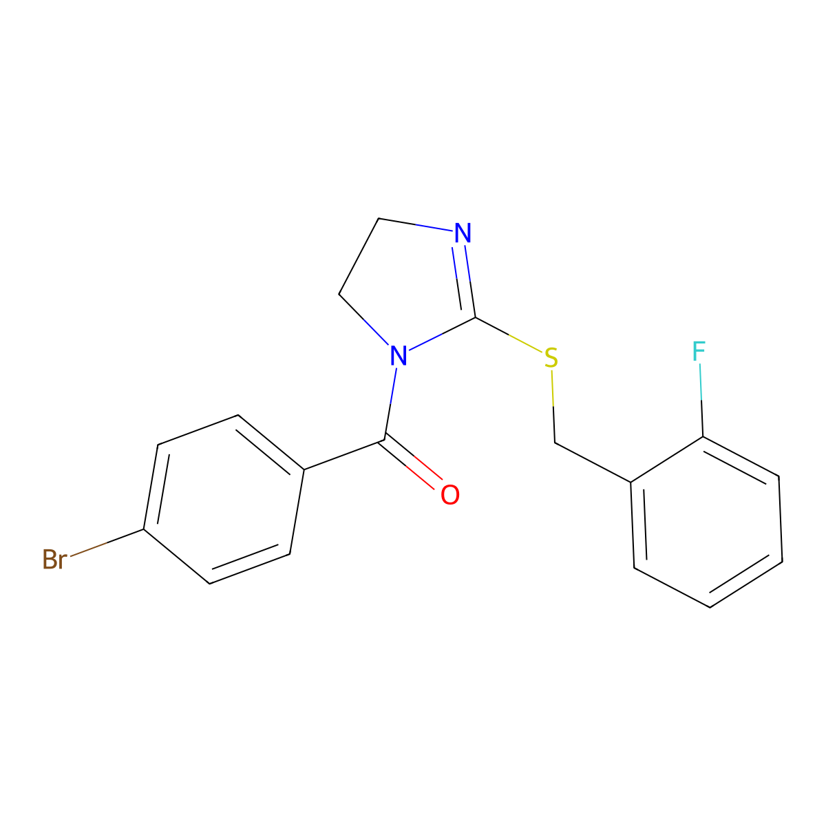 (4-bromophenyl)(2-((2-fluorobenzyl)thio)-4,5-dihydro-1H-imidazol-1-yl)methanone molecular structure, CAS 851806-98-9