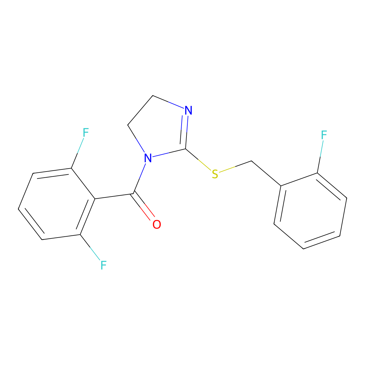 (2,6-difluorophenyl)(2-((2-fluorobenzyl)thio)-4,5-dihydro-1H-imidazol-1-yl)methanone molecular structure, CAS 851806-99-0
