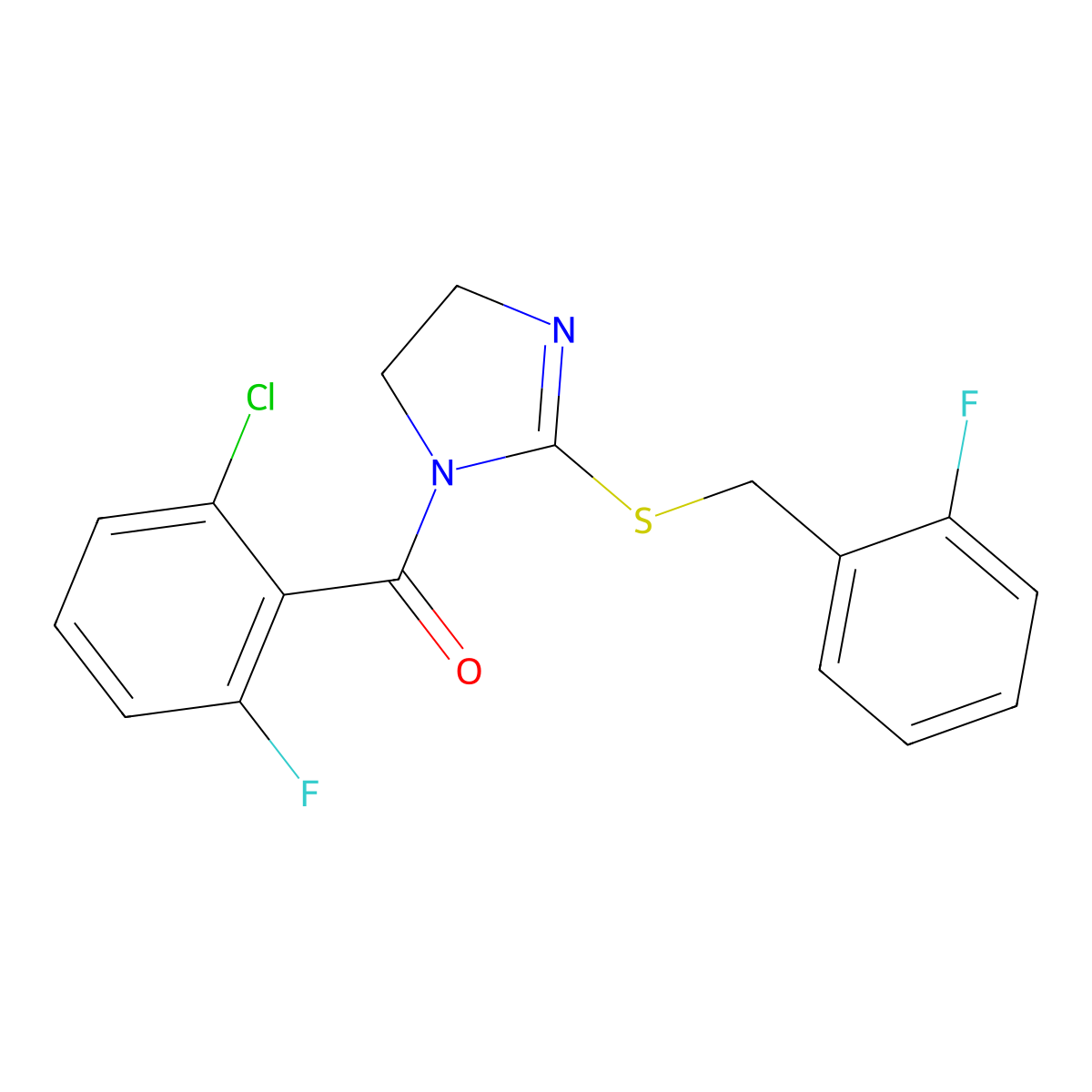 (2-Chloro-6-fluorophenyl)-[2-[(2-fluorophenyl)methylsulfanyl]-4,5-dihydroimidazol-1-yl]methanone molecular structure, CAS 851807-01-7