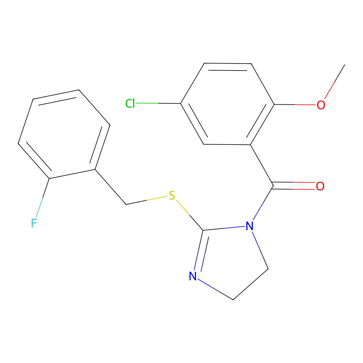 (5-Chloro-2-methoxyphenyl)-[2-[(2-fluorophenyl)methylsulfanyl]-4,5-dihydroimidazol-1-yl]methanone molecular structure, CAS 851807-02-8