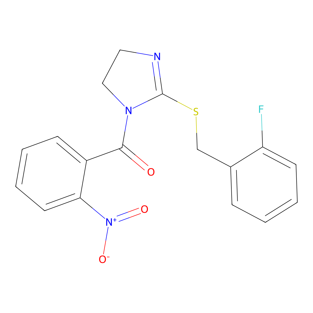 (2-((2-fluorobenzyl)thio)-4,5-dihydro-1H-imidazol-1-yl)(2-nitrophenyl)methanone molecular structure, CAS 851807-03-9