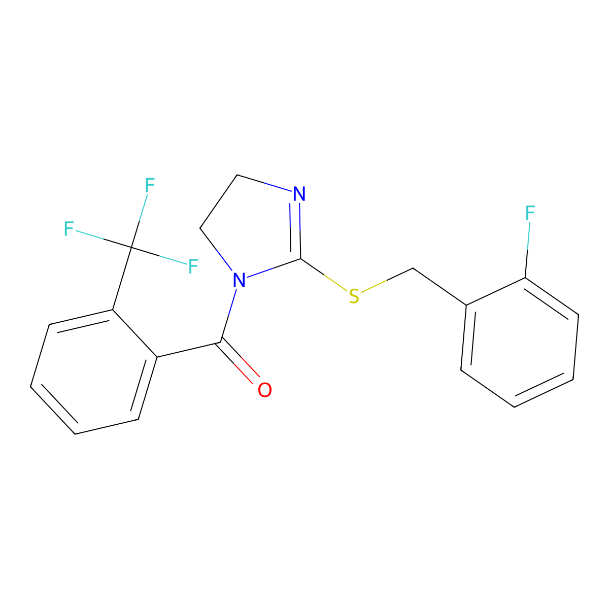 [2-[(2-Fluorophenyl)methylsulfanyl]-4,5-dihydroimidazol-1-yl]-[2-(trifluoromethyl)phenyl]methanone molecular structure, CAS 851807-06-2