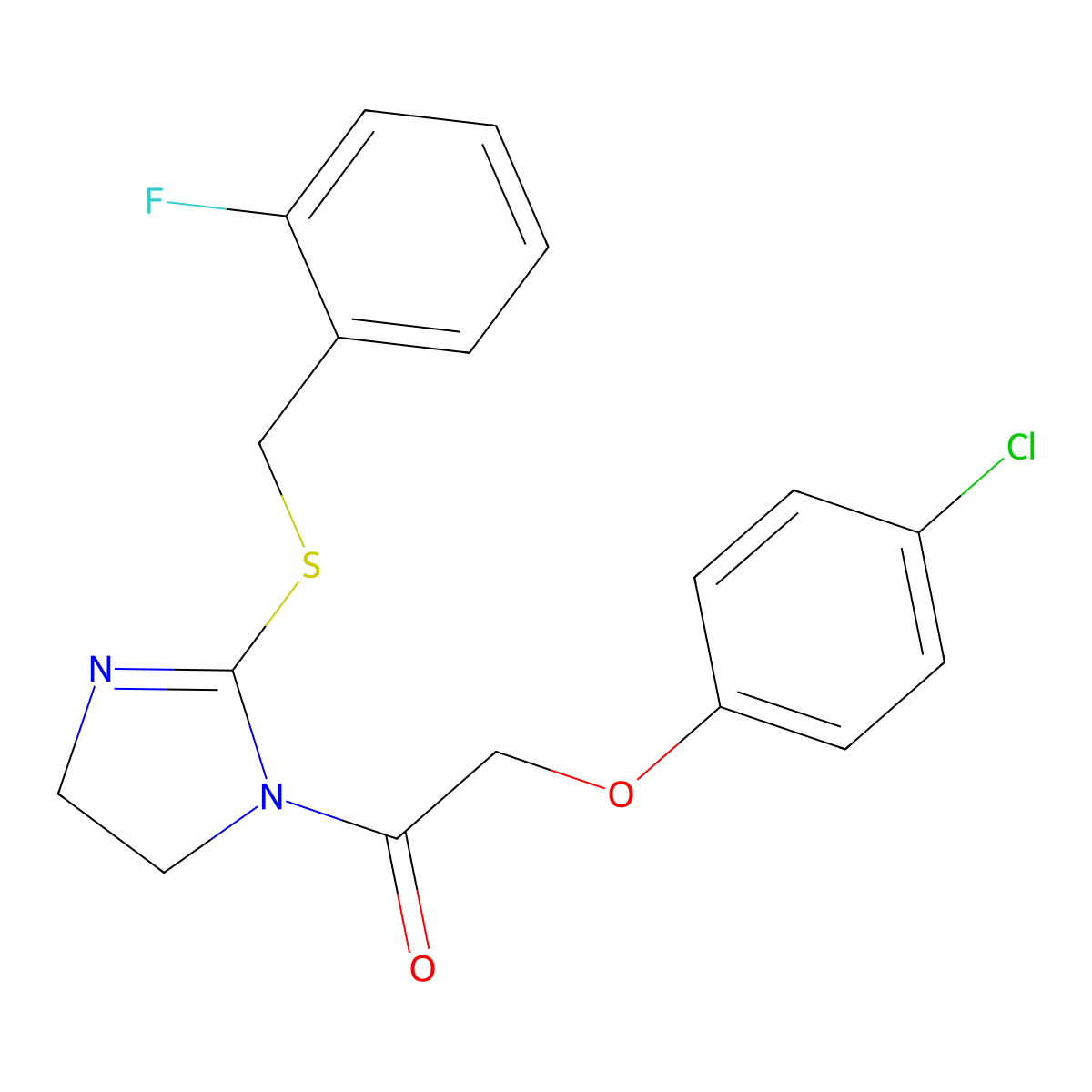 2-(4-chlorophenoxy)-1-(2-((2-fluorobenzyl)thio)-4,5-dihydro-1H-imidazol-1-yl)ethanone molecular structure, CAS 851807-10-8