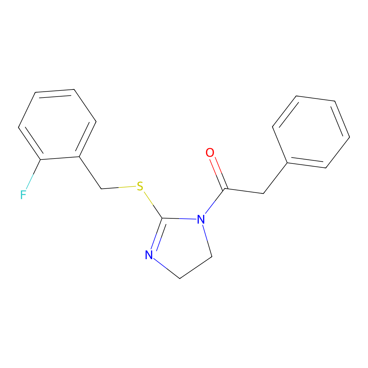 1-[2-[(2-Fluorophenyl)methylsulfanyl]-4,5-dihydroimidazol-1-yl]-2-phenylethanone molecular structure, CAS 851807-13-1