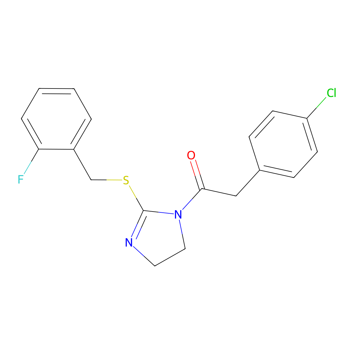 2-(4-chlorophenyl)-1-(2-((2-fluorobenzyl)thio)-4,5-dihydro-1H-imidazol-1-yl)ethanone molecular structure, CAS 851807-17-5