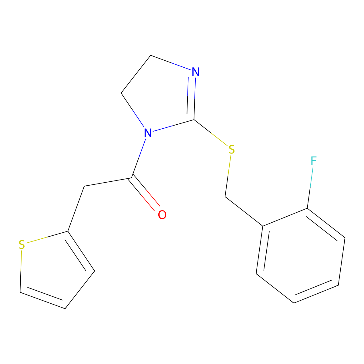 1-(2-((2-fluorobenzyl)thio)-4,5-dihydro-1H-imidazol-1-yl)-2-(thiophen-2-yl)ethanone molecular structure, CAS 851807-18-6