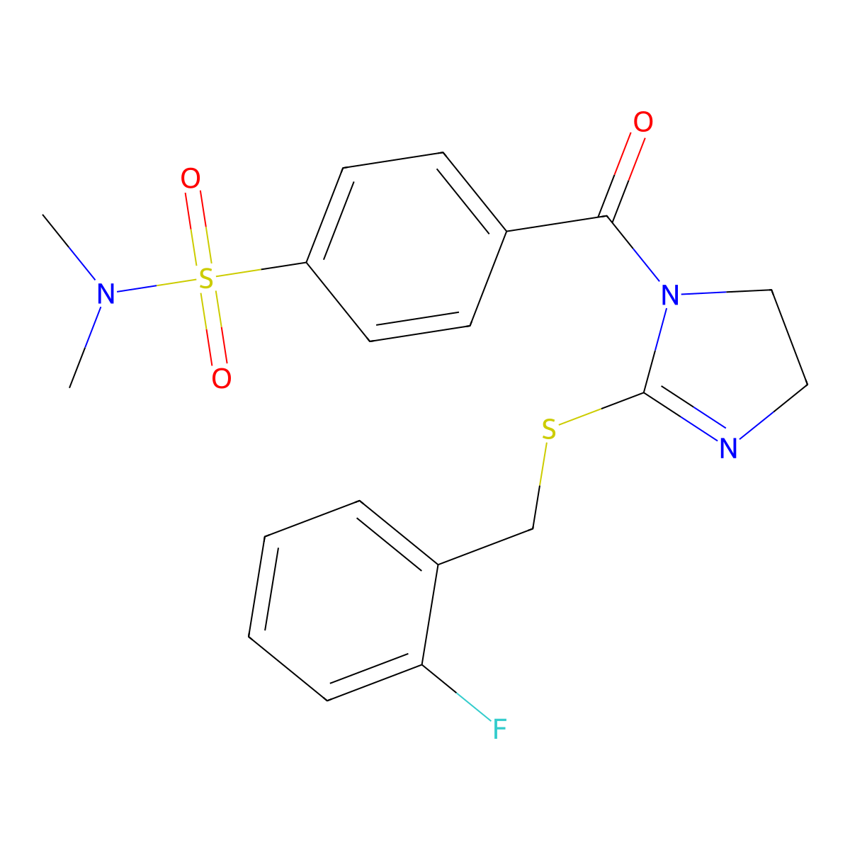 4-(2-((2-fluorobenzyl)thio)-4,5-dihydro-1H-imidazole-1-carbonyl)-N,N-dimethylbenzenesulfonamide molecular structure, CAS 851807-19-7