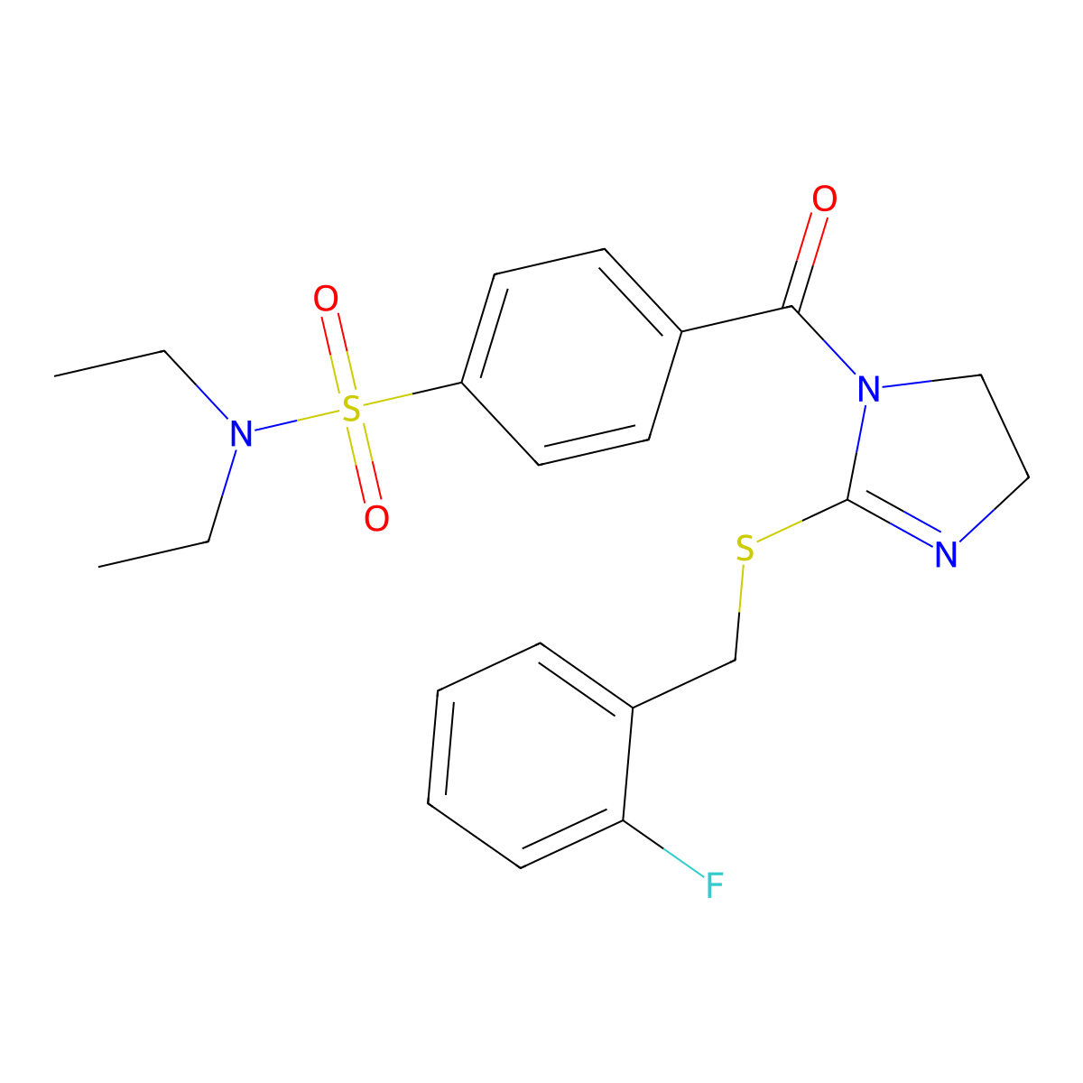 N,N-diethyl-4-(2-((2-fluorobenzyl)thio)-4,5-dihydro-1H-imidazole-1-carbonyl)benzenesulfonamide molecular structure, CAS 851807-20-0