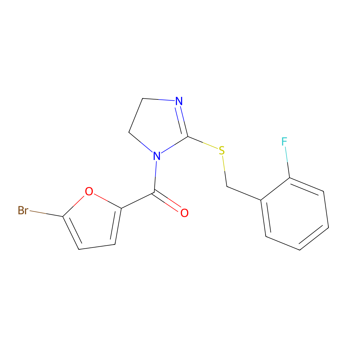 (5-bromofuran-2-yl)(2-((2-fluorobenzyl)thio)-4,5-dihydro-1H-imidazol-1-yl)methanone molecular structure, CAS 851807-25-5