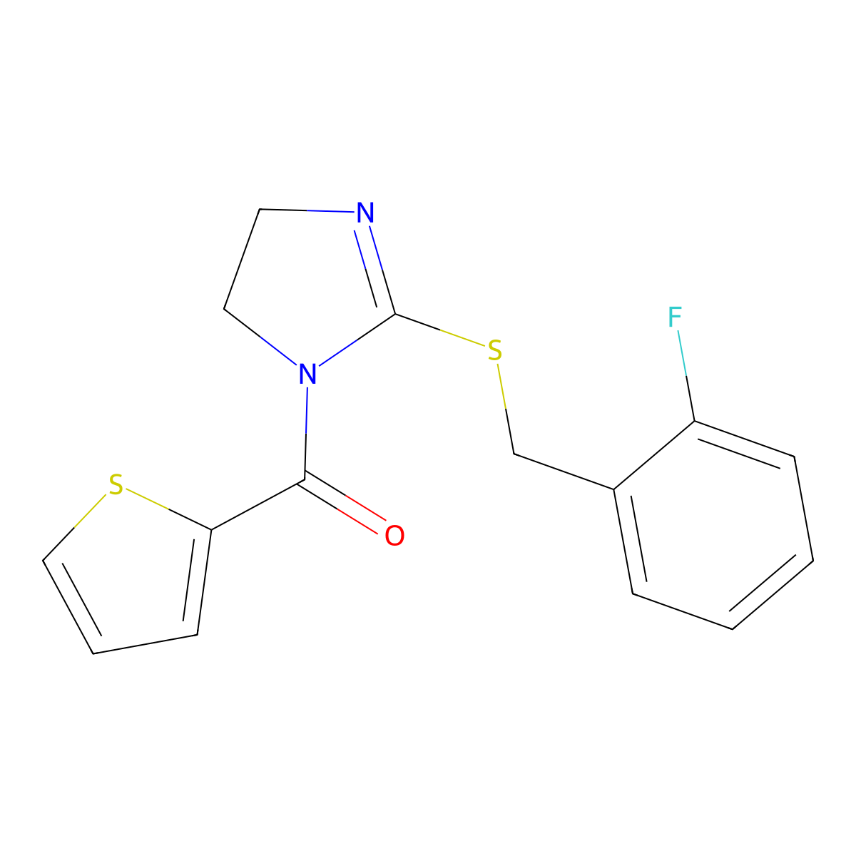 (2-((2-fluorobenzyl)thio)-4,5-dihydro-1H-imidazol-1-yl)(thiophen-2-yl)methanone molecular structure, CAS 851807-26-6