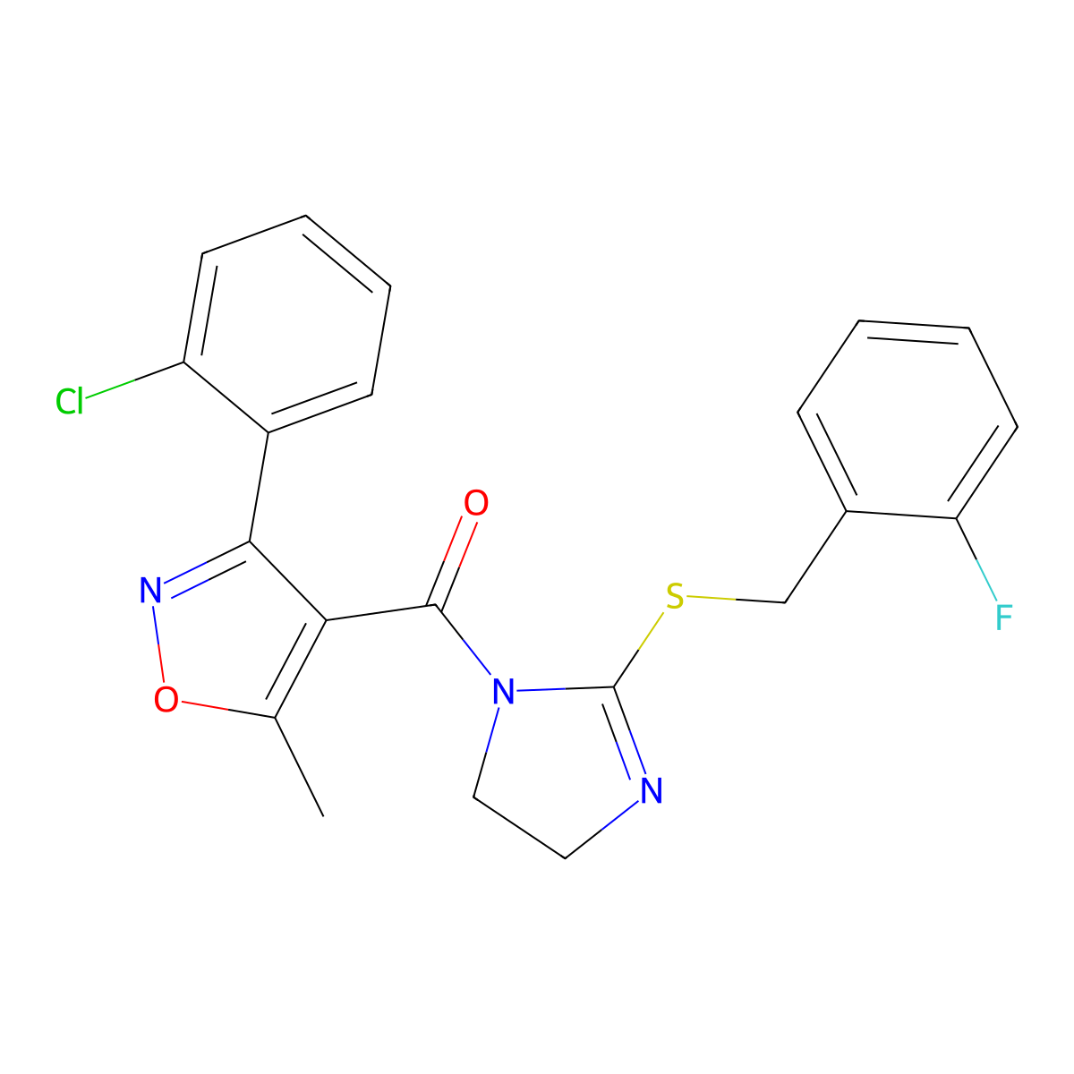 (3-(2-chlorophenyl)-5-methylisoxazol-4-yl)(2-((2-fluorobenzyl)thio)-4,5-dihydro-1H-imidazol-1-yl)methanone molecular structure, CAS 851807-27-7