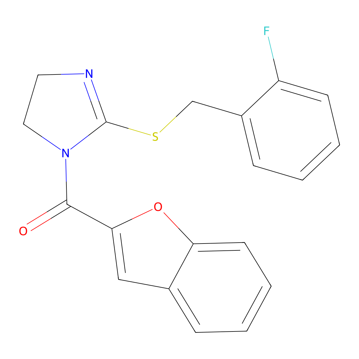 benzofuran-2-yl(2-((2-fluorobenzyl)thio)-4,5-dihydro-1H-imidazol-1-yl)methanone molecular structure, CAS 851807-28-8