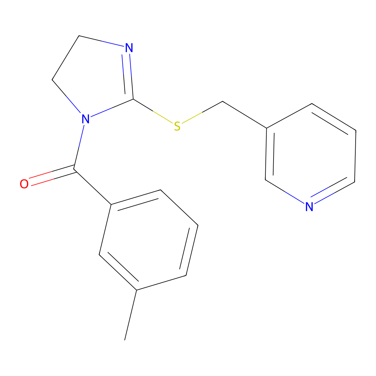 (2-((pyridin-3-ylmethyl)thio)-4,5-dihydro-1H-imidazol-1-yl)(m-tolyl)methanone molecular structure, CAS 851807-35-7
