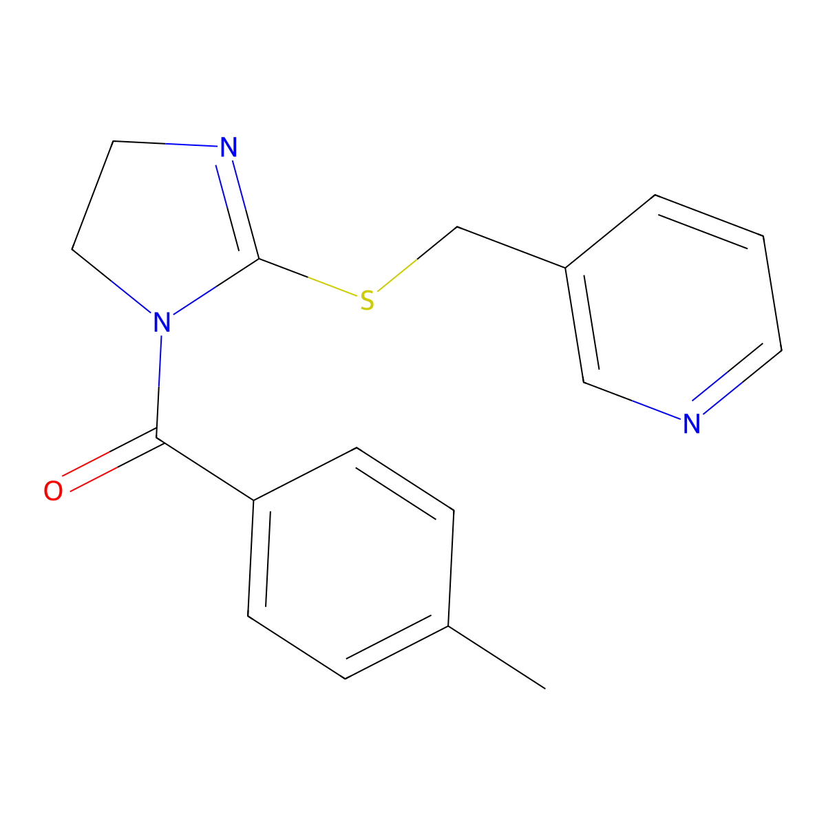 (2-((pyridin-3-ylmethyl)thio)-4,5-dihydro-1H-imidazol-1-yl)(p-tolyl)methanone molecular structure, CAS 851807-36-8