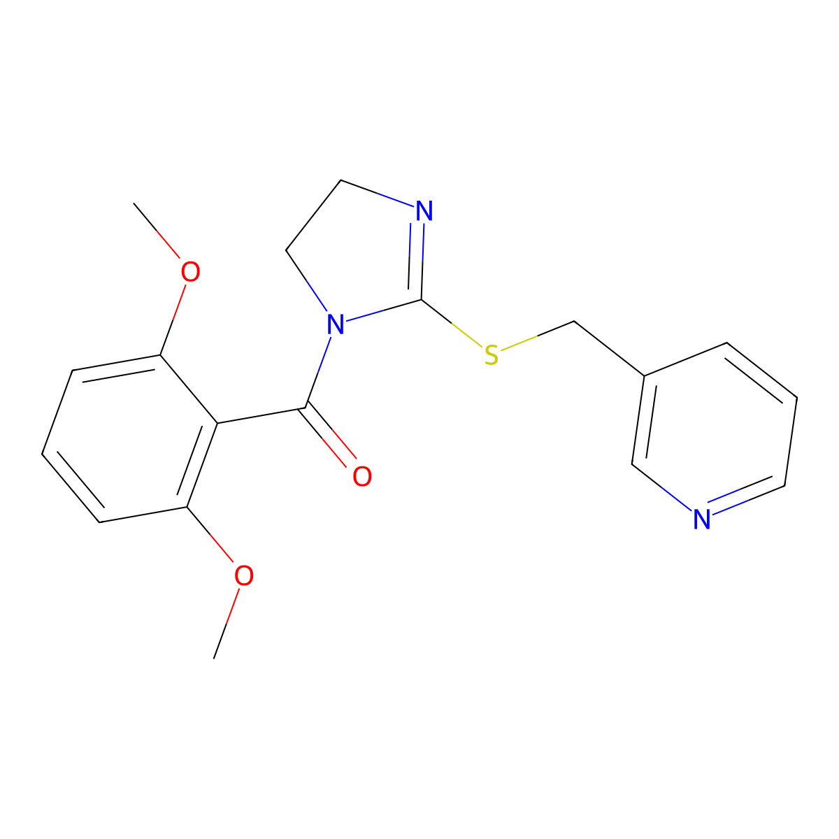 (2,6-Dimethoxyphenyl)-[2-(pyridin-3-ylmethylsulfanyl)-4,5-dihydroimidazol-1-yl]methanone molecular structure, CAS 851807-50-6