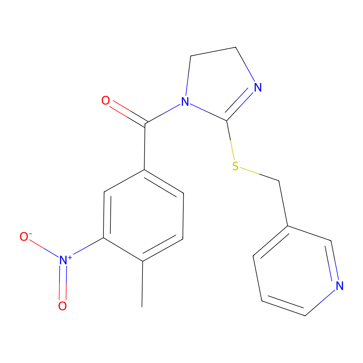 (4-methyl-3-nitrophenyl)(2-((pyridin-3-ylmethyl)thio)-4,5-dihydro-1H-imidazol-1-yl)methanone molecular structure, CAS 851807-72-2