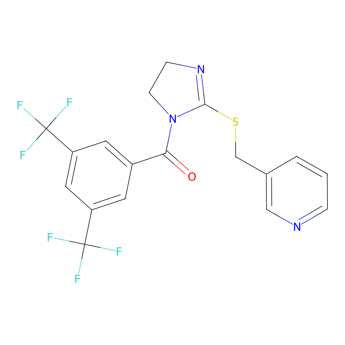 (3,5-bis(trifluoromethyl)phenyl)(2-((pyridin-3-ylmethyl)thio)-4,5-dihydro-1H-imidazol-1-yl)methanone molecular structure, CAS 851807-76-6