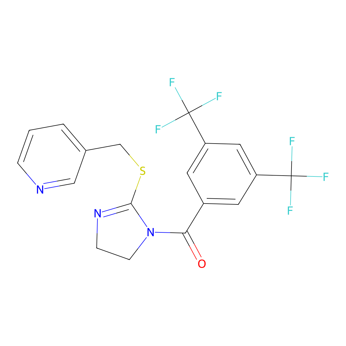 (3,5-bis(trifluoromethyl)phenyl)(2-((pyridin-3-ylmethyl)thio)-4,5-dihydro-1H-imidazol-1-yl)methanone molecular structure, CAS 851807-76-6
