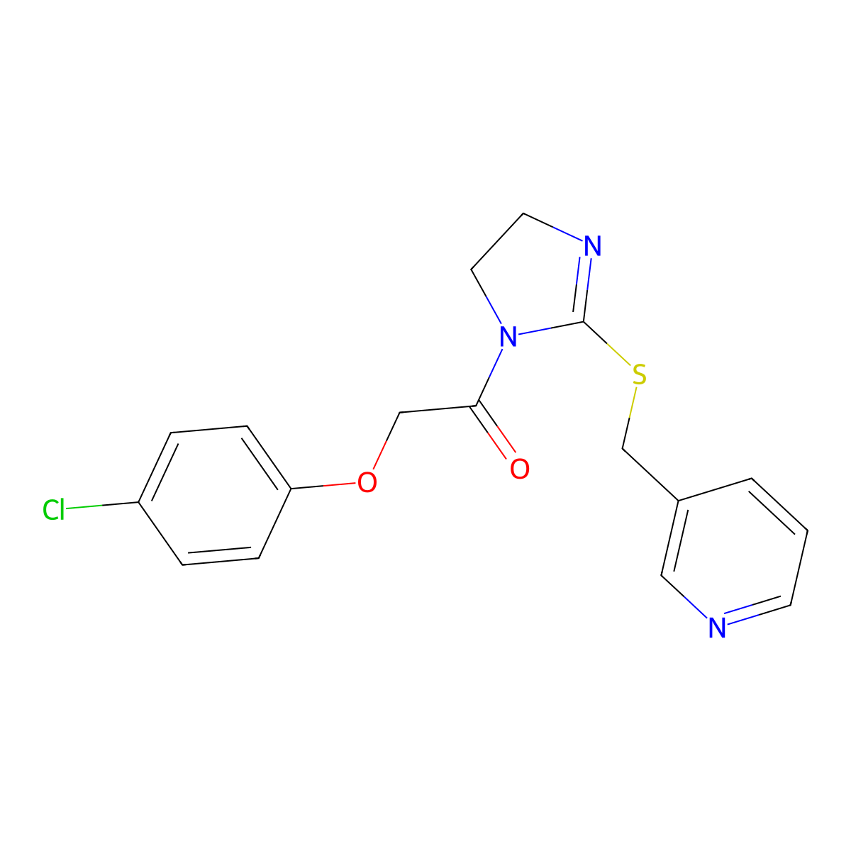 2-(4-chlorophenoxy)-1-(2-((pyridin-3-ylmethyl)thio)-4,5-dihydro-1H-imidazol-1-yl)ethanone molecular structure, CAS 851807-80-2
