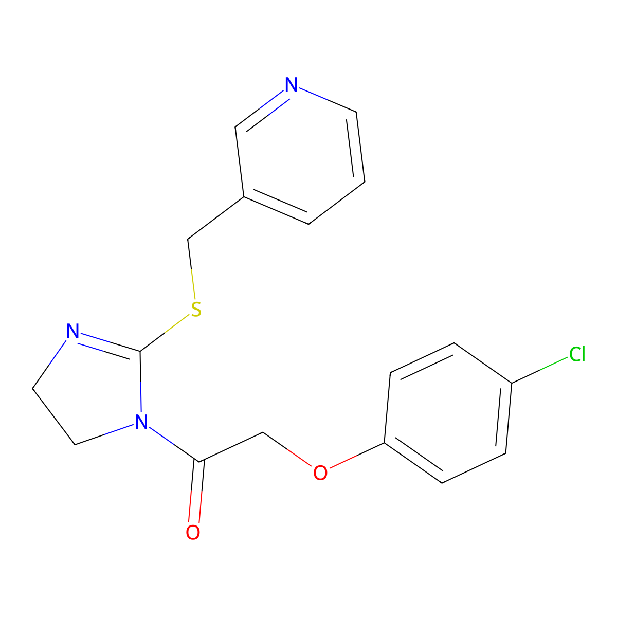 2-(4-chlorophenoxy)-1-(2-((pyridin-3-ylmethyl)thio)-4,5-dihydro-1H-imidazol-1-yl)ethanone molecular structure, CAS 851807-80-2
