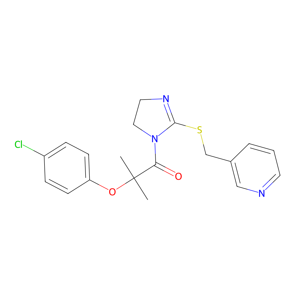 2-(4-chlorophenoxy)-2-methyl-1-(2-((pyridin-3-ylmethyl)thio)-4,5-dihydro-1H-imidazol-1-yl)propan-1-one molecular structure, CAS 851807-82-4
