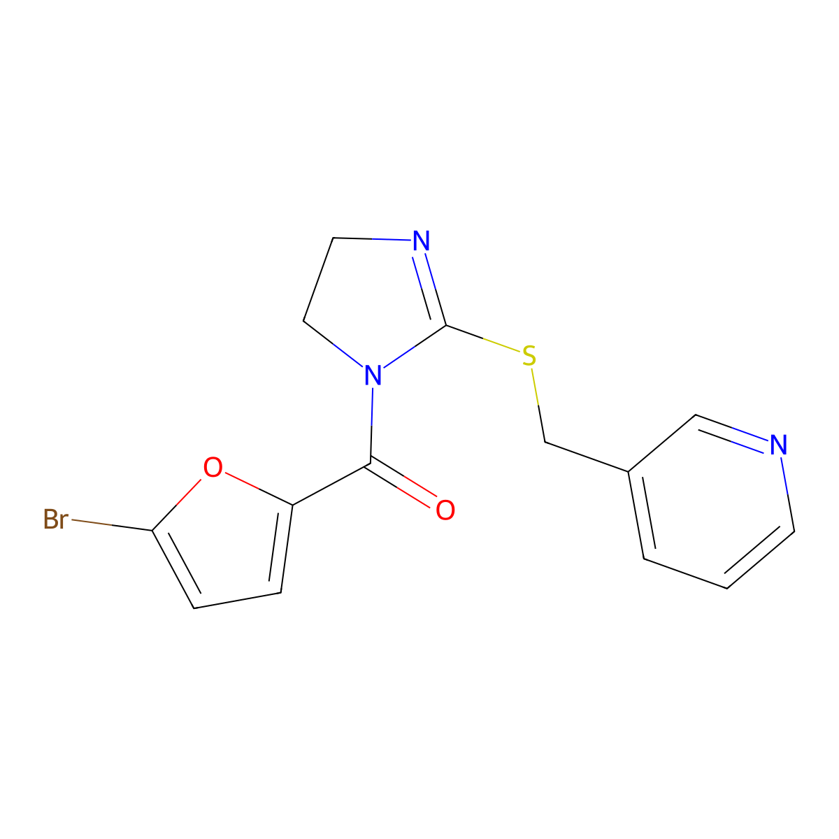 (5-bromofuran-2-yl)(2-((pyridin-3-ylmethyl)thio)-4,5-dihydro-1H-imidazol-1-yl)methanone molecular structure, CAS 851807-90-4