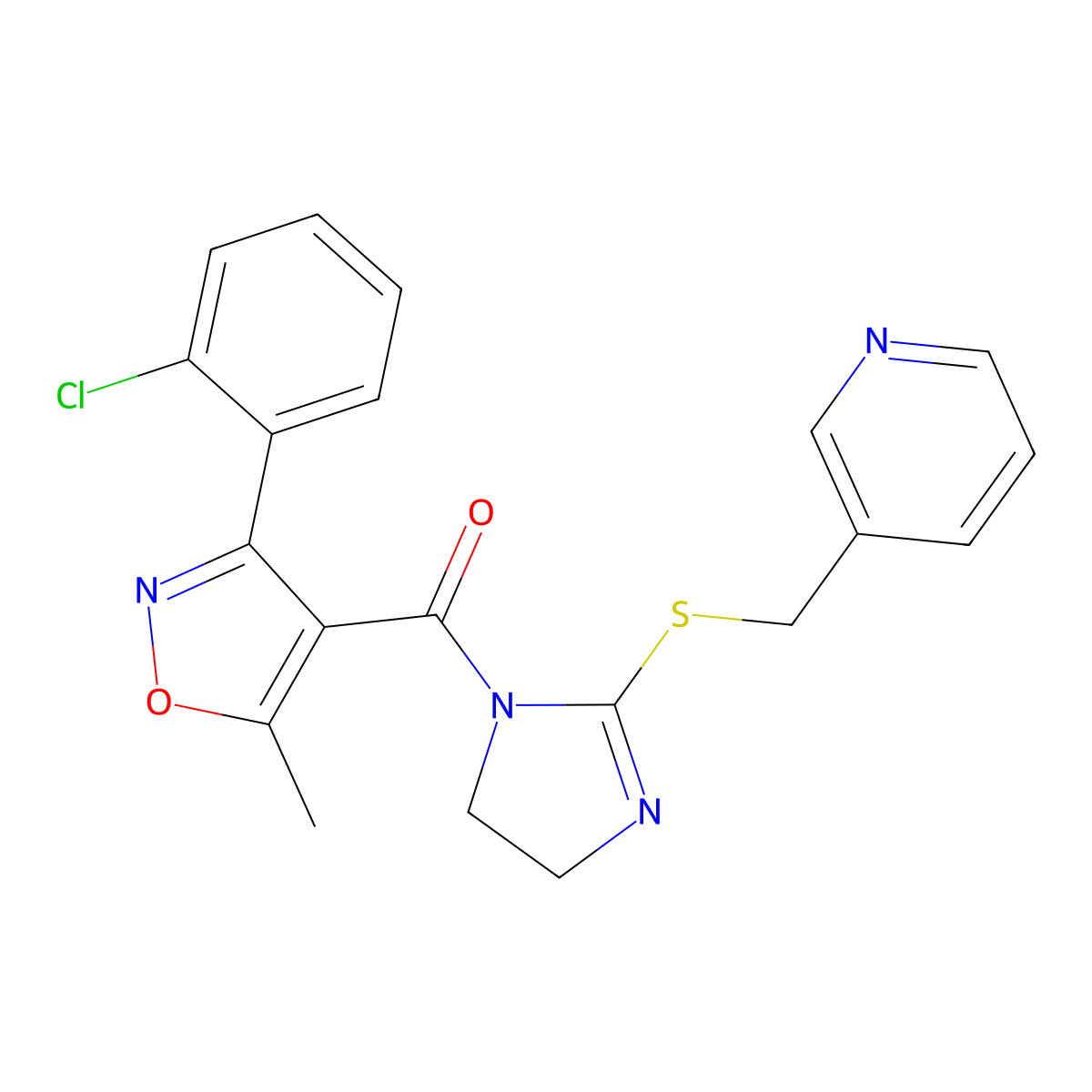 (3-(2-chlorophenyl)-5-methylisoxazol-4-yl)(2-((pyridin-3-ylmethyl)thio)-4,5-dihydro-1H-imidazol-1-yl)methanone molecular structure, CAS 851807-92-6