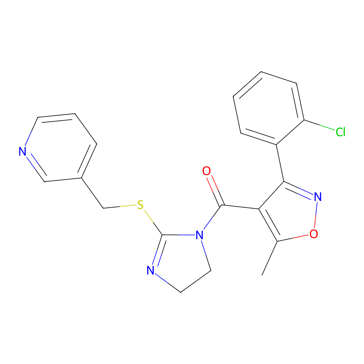 (3-(2-chlorophenyl)-5-methylisoxazol-4-yl)(2-((pyridin-3-ylmethyl)thio)-4,5-dihydro-1H-imidazol-1-yl)methanone molecular structure, CAS 851807-92-6