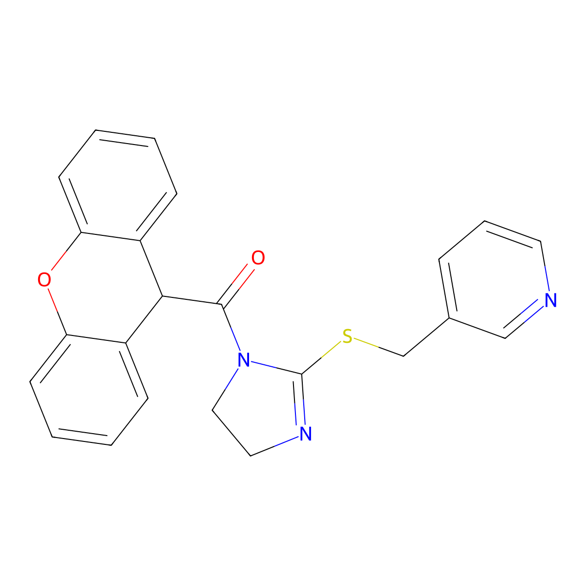 (2-((pyridin-3-ylmethyl)thio)-4,5-dihydro-1H-imidazol-1-yl)(9H-xanthen-9-yl)methanone molecular structure, CAS 851807-94-8