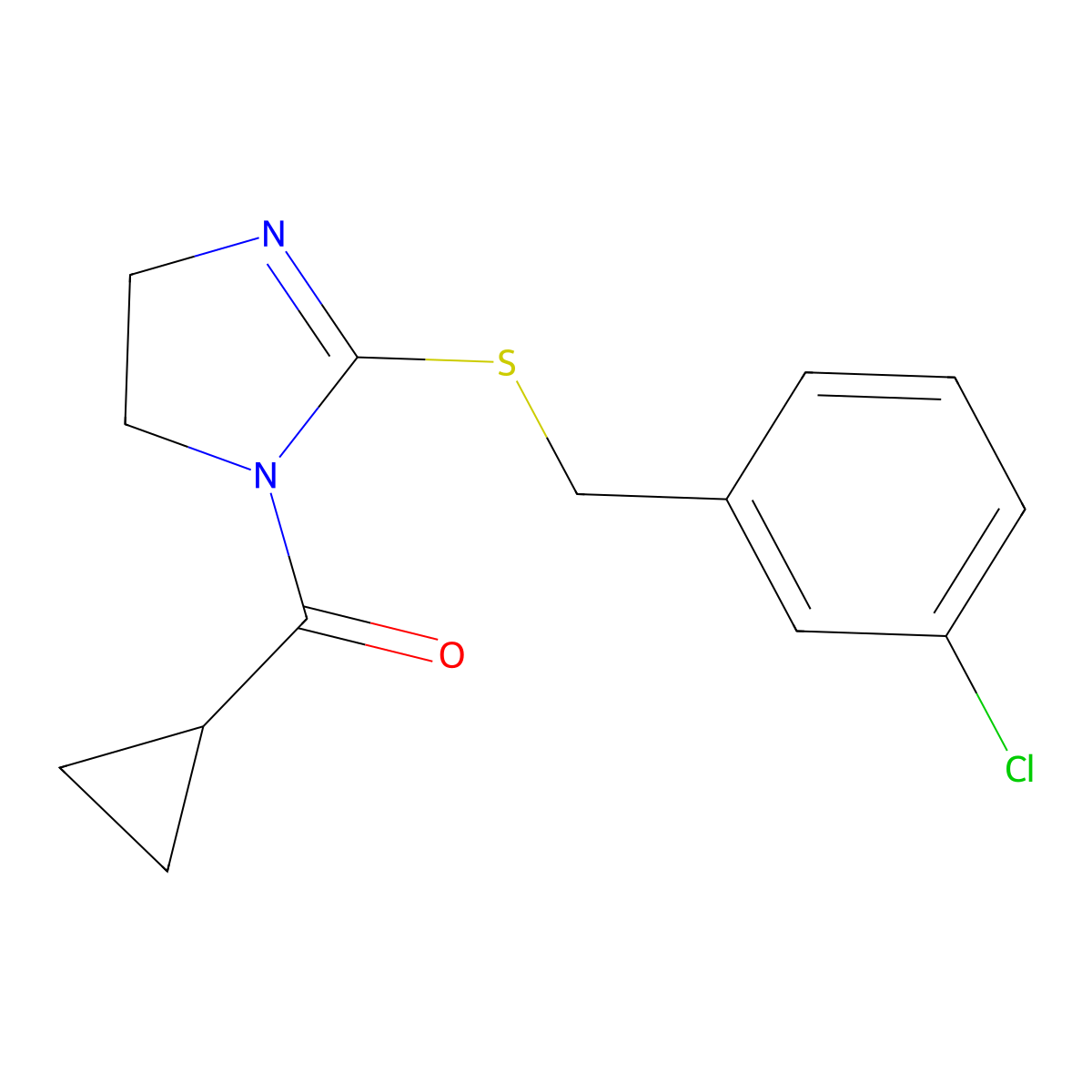 (2-((3-chlorobenzyl)thio)-4,5-dihydro-1H-imidazol-1-yl)(cyclopropyl)methanone molecular structure, CAS 851807-97-1