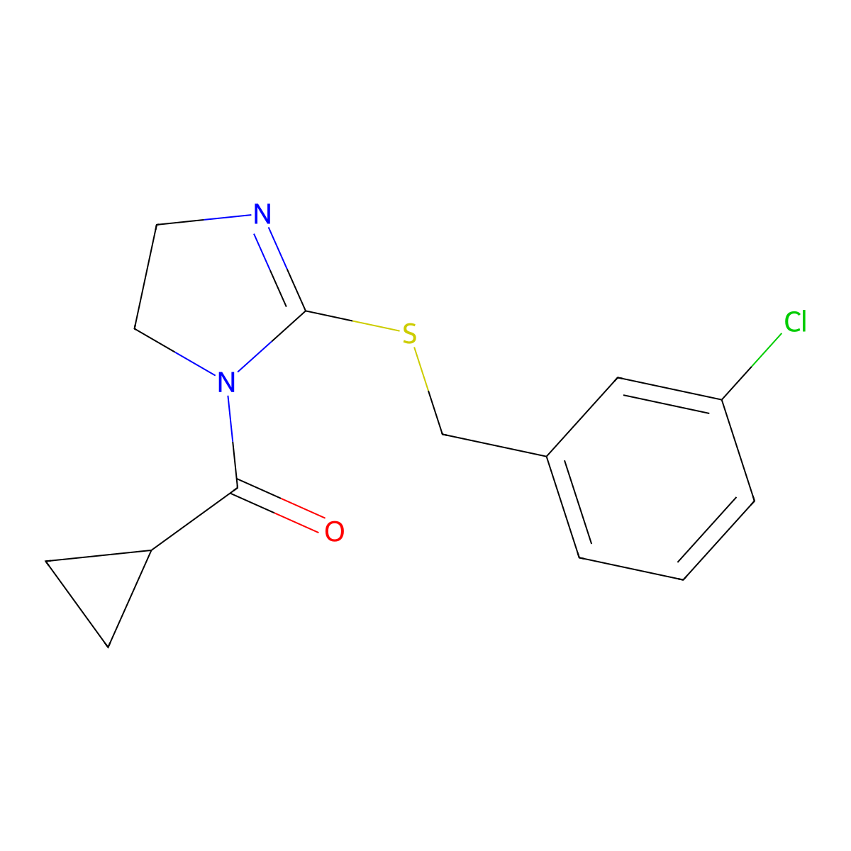 (2-((3-chlorobenzyl)thio)-4,5-dihydro-1H-imidazol-1-yl)(cyclopropyl)methanone molecular structure, CAS 851807-97-1