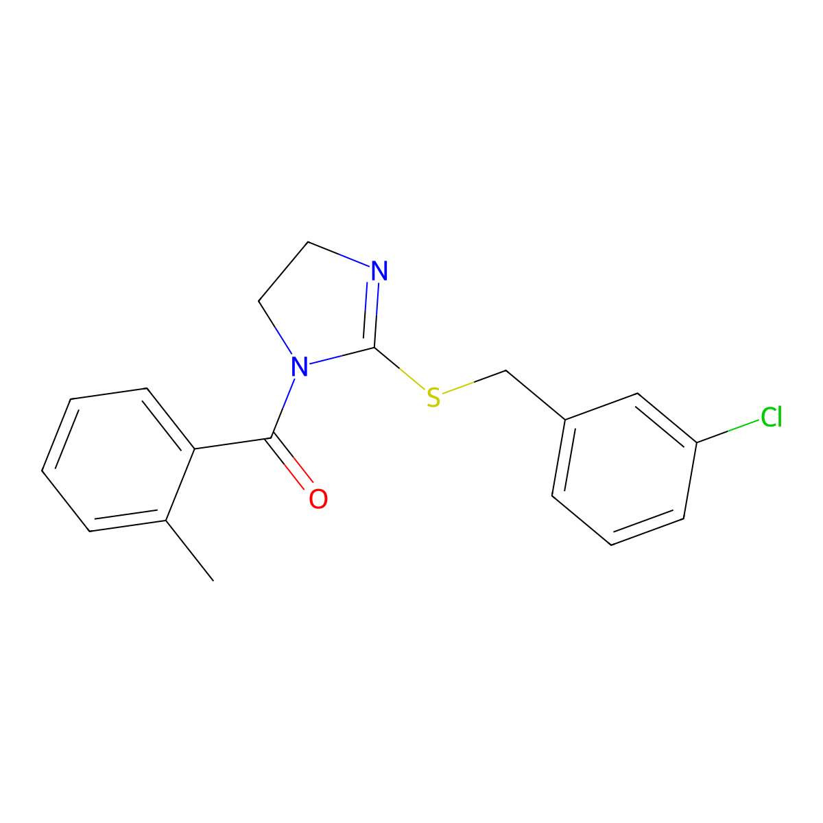(2-((3-chlorobenzyl)thio)-4,5-dihydro-1H-imidazol-1-yl)(o-tolyl)methanone molecular structure, CAS 851808-02-1