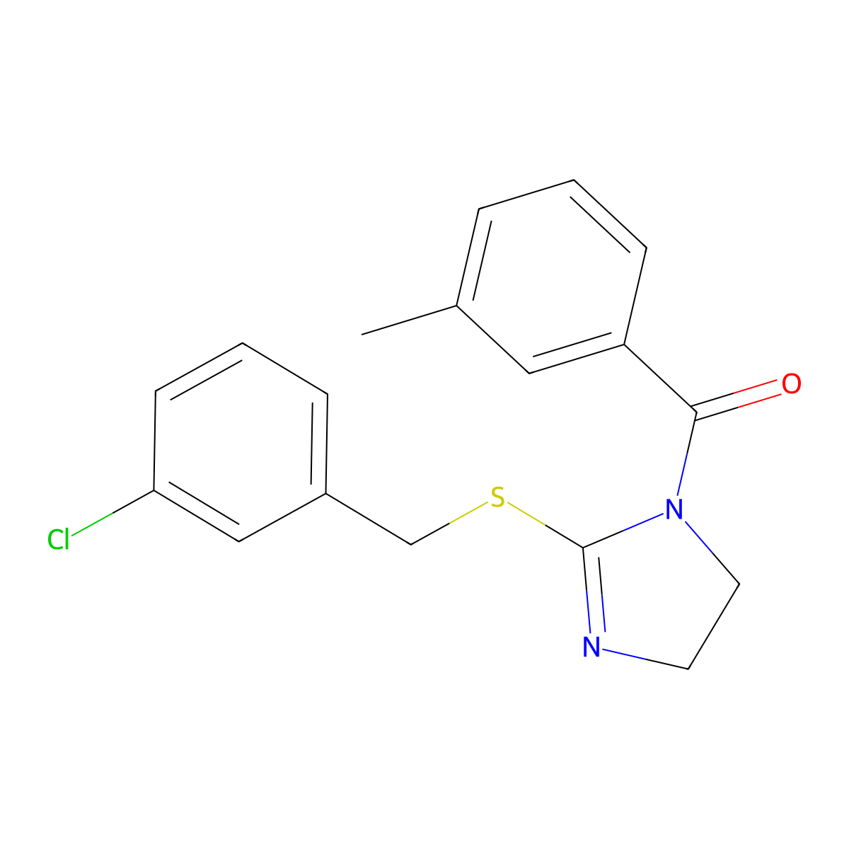 (2-((3-chlorobenzyl)thio)-4,5-dihydro-1H-imidazol-1-yl)(m-tolyl)methanone molecular structure, CAS 851808-03-2