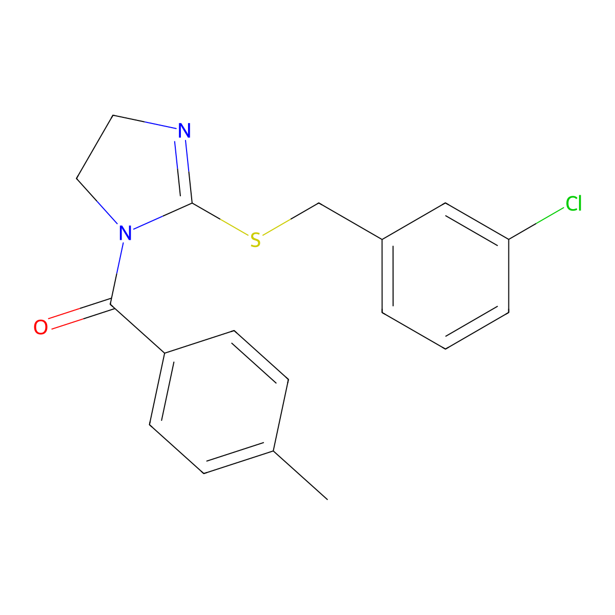 (2-((3-chlorobenzyl)thio)-4,5-dihydro-1H-imidazol-1-yl)(p-tolyl)methanone molecular structure, CAS 851808-04-3