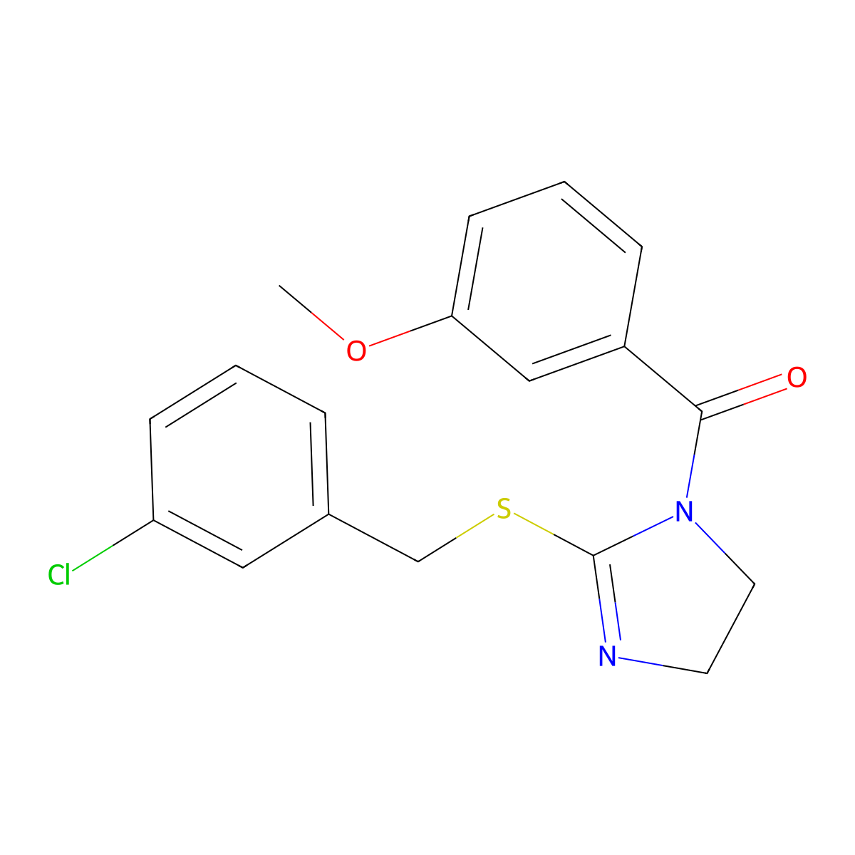 (2-((3-chlorobenzyl)thio)-4,5-dihydro-1H-imidazol-1-yl)(3-methoxyphenyl)methanone molecular structure, CAS 851808-08-7