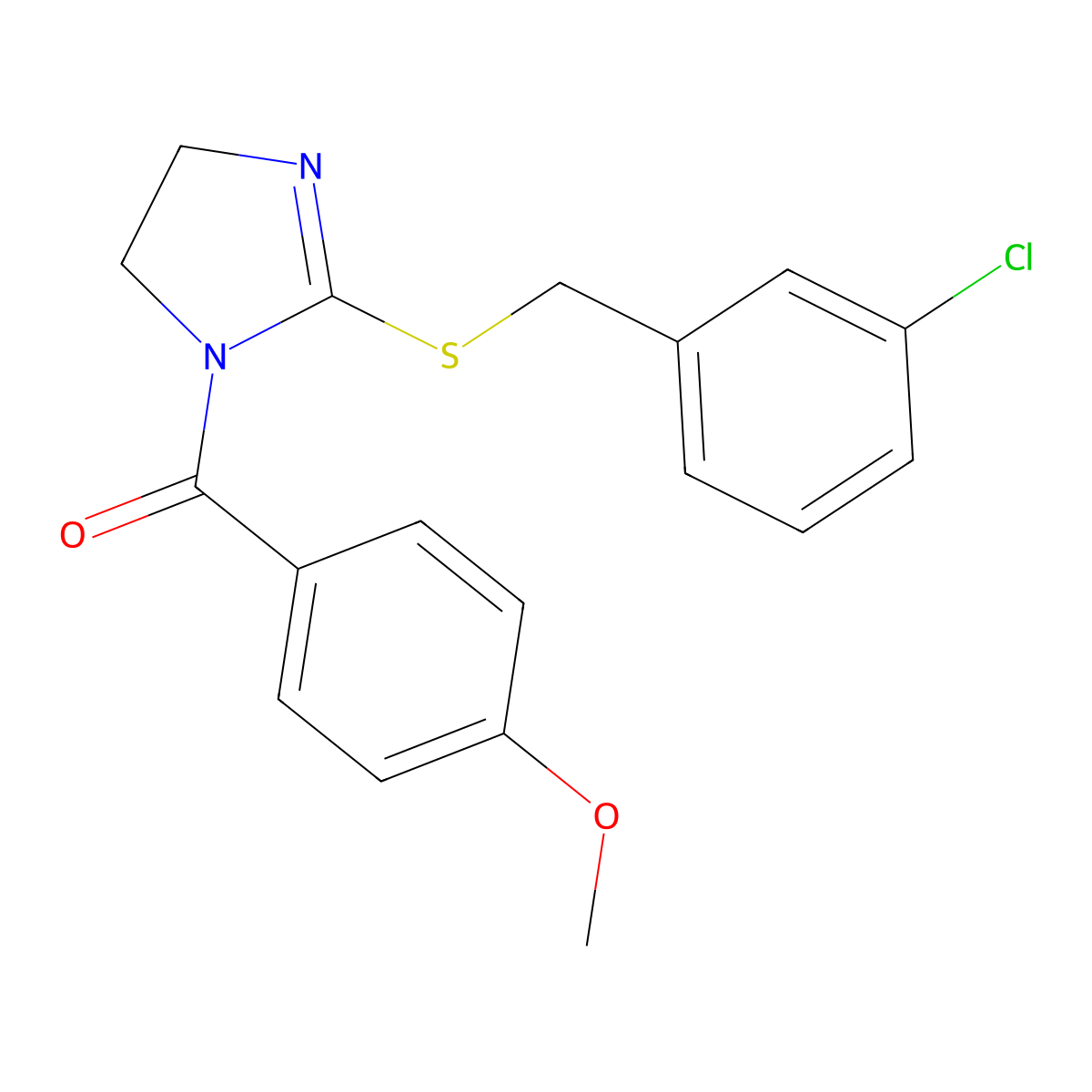 (2-((3-chlorobenzyl)thio)-4,5-dihydro-1H-imidazol-1-yl)(4-methoxyphenyl)methanone molecular structure, CAS 851808-09-8