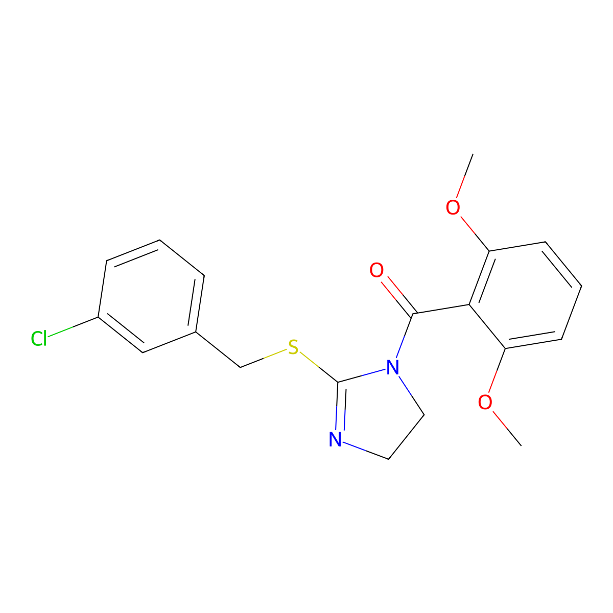 (2-((3-chlorobenzyl)thio)-4,5-dihydro-1H-imidazol-1-yl)(2,6-dimethoxyphenyl)methanone molecular structure, CAS 851808-15-6