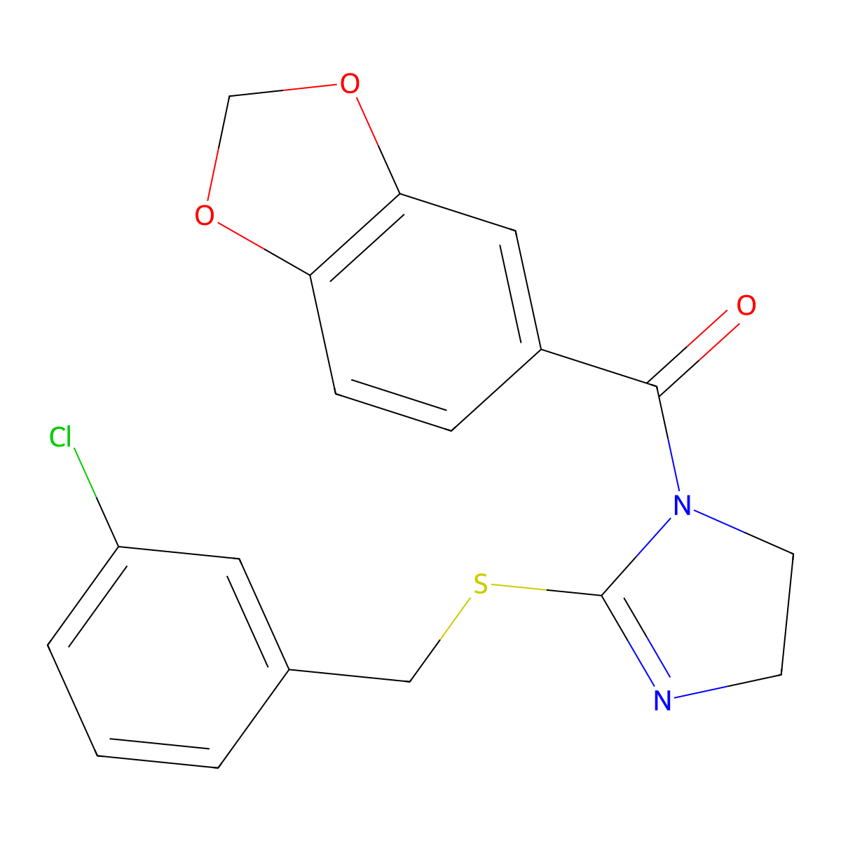 1,3-Benzodioxol-5-yl-[2-[(3-chlorophenyl)methylsulfanyl]-4,5-dihydroimidazol-1-yl]methanone molecular structure, CAS 851808-17-8