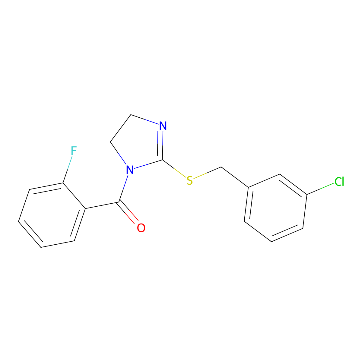 (2-((3-chlorobenzyl)thio)-4,5-dihydro-1H-imidazol-1-yl)(2-fluorophenyl)methanone molecular structure, CAS 851808-21-4