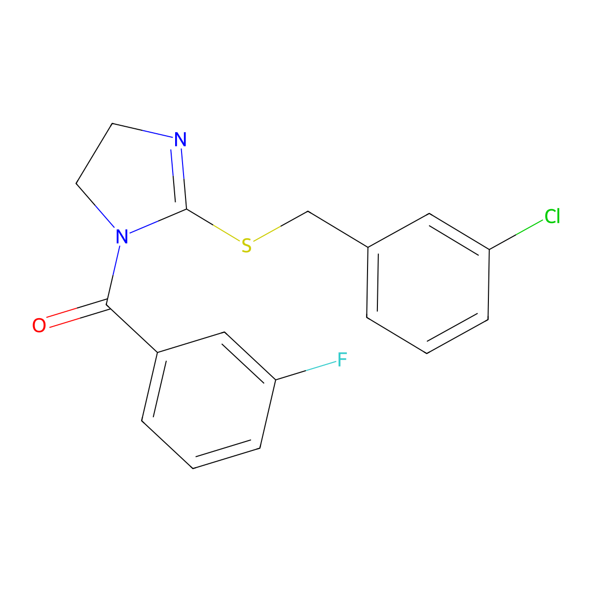 (2-((3-chlorobenzyl)thio)-4,5-dihydro-1H-imidazol-1-yl)(3-fluorophenyl)methanone molecular structure, CAS 851808-22-5