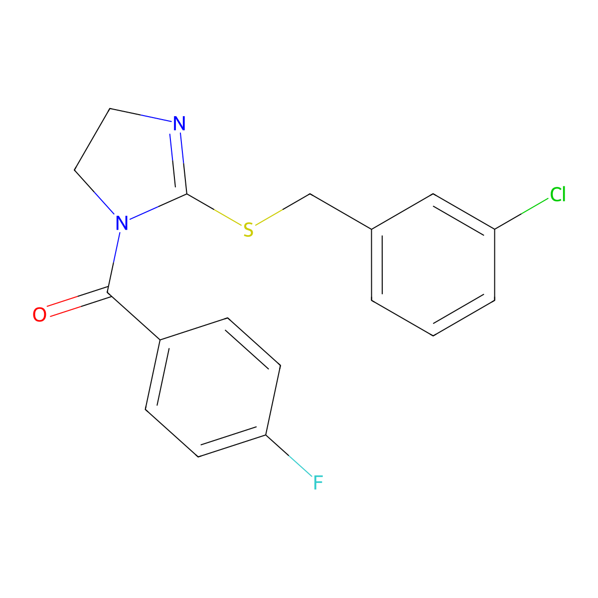(2-((3-chlorobenzyl)thio)-4,5-dihydro-1H-imidazol-1-yl)(4-fluorophenyl)methanone molecular structure, CAS 851808-23-6