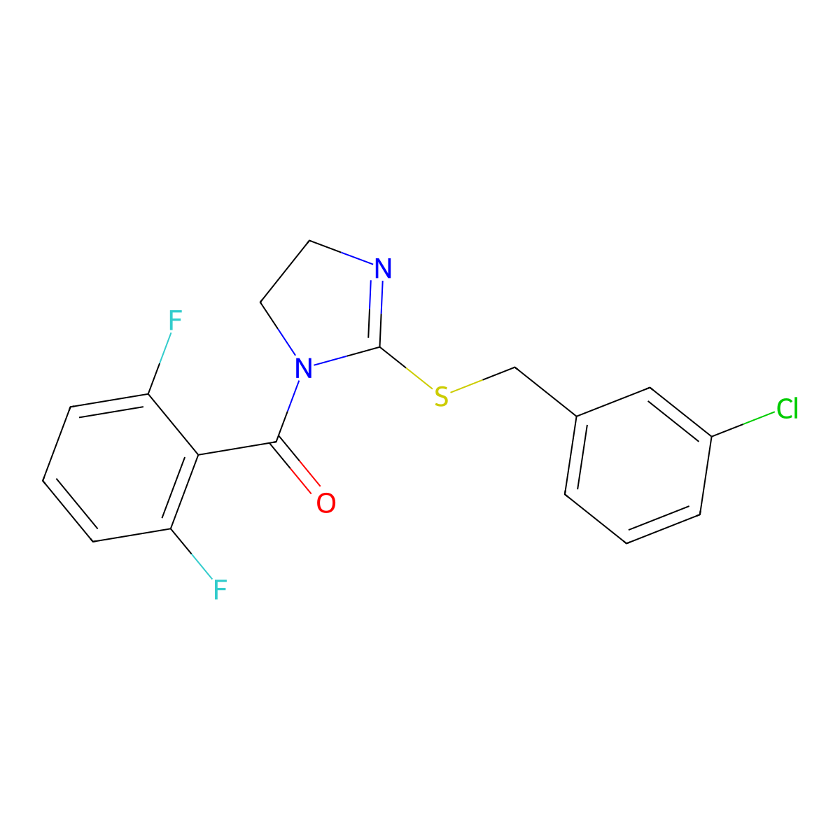 (2-((3-chlorobenzyl)thio)-4,5-dihydro-1H-imidazol-1-yl)(2,6-difluorophenyl)methanone molecular structure, CAS 851808-24-7