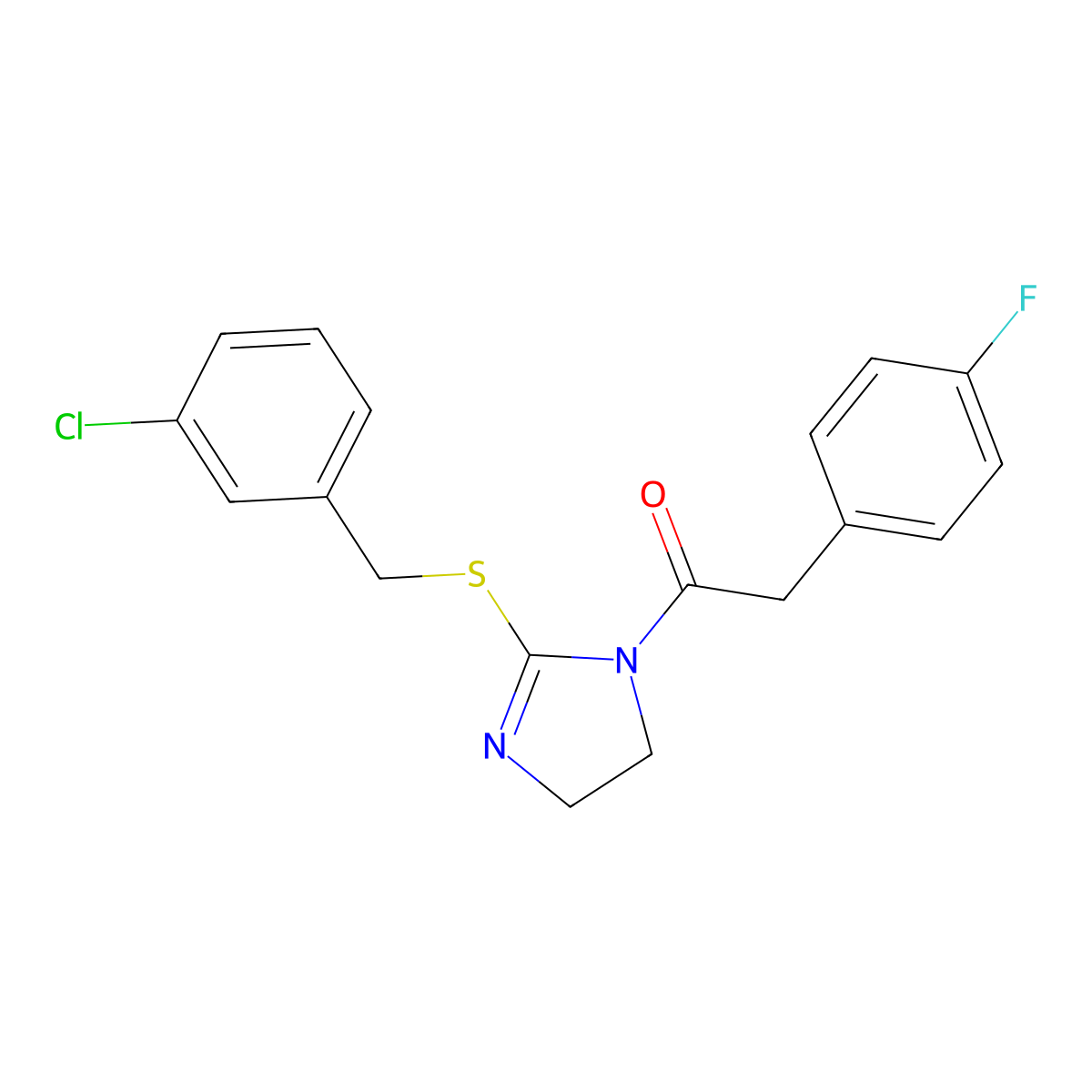 1-[2-[(3-Chlorophenyl)methylsulfanyl]-4,5-dihydroimidazol-1-yl]-2-(4-fluorophenyl)ethanone molecular structure, CAS 851808-31-6