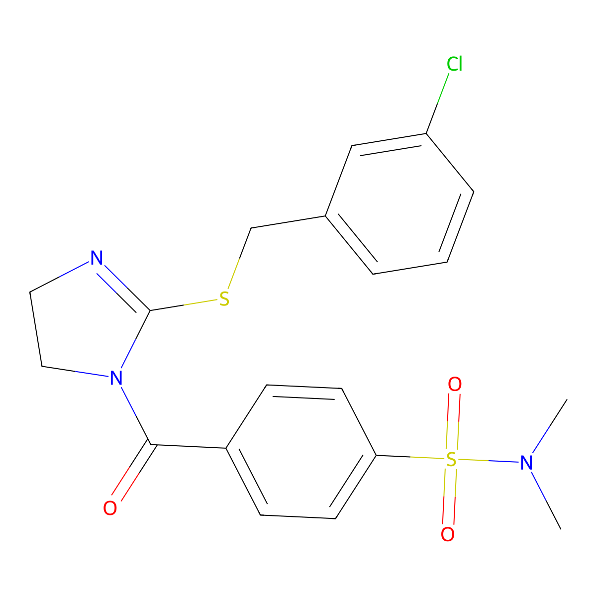 4-(2-((3-chlorobenzyl)thio)-4,5-dihydro-1H-imidazole-1-carbonyl)-N,N-dimethylbenzenesulfonamide molecular structure, CAS 851808-32-7