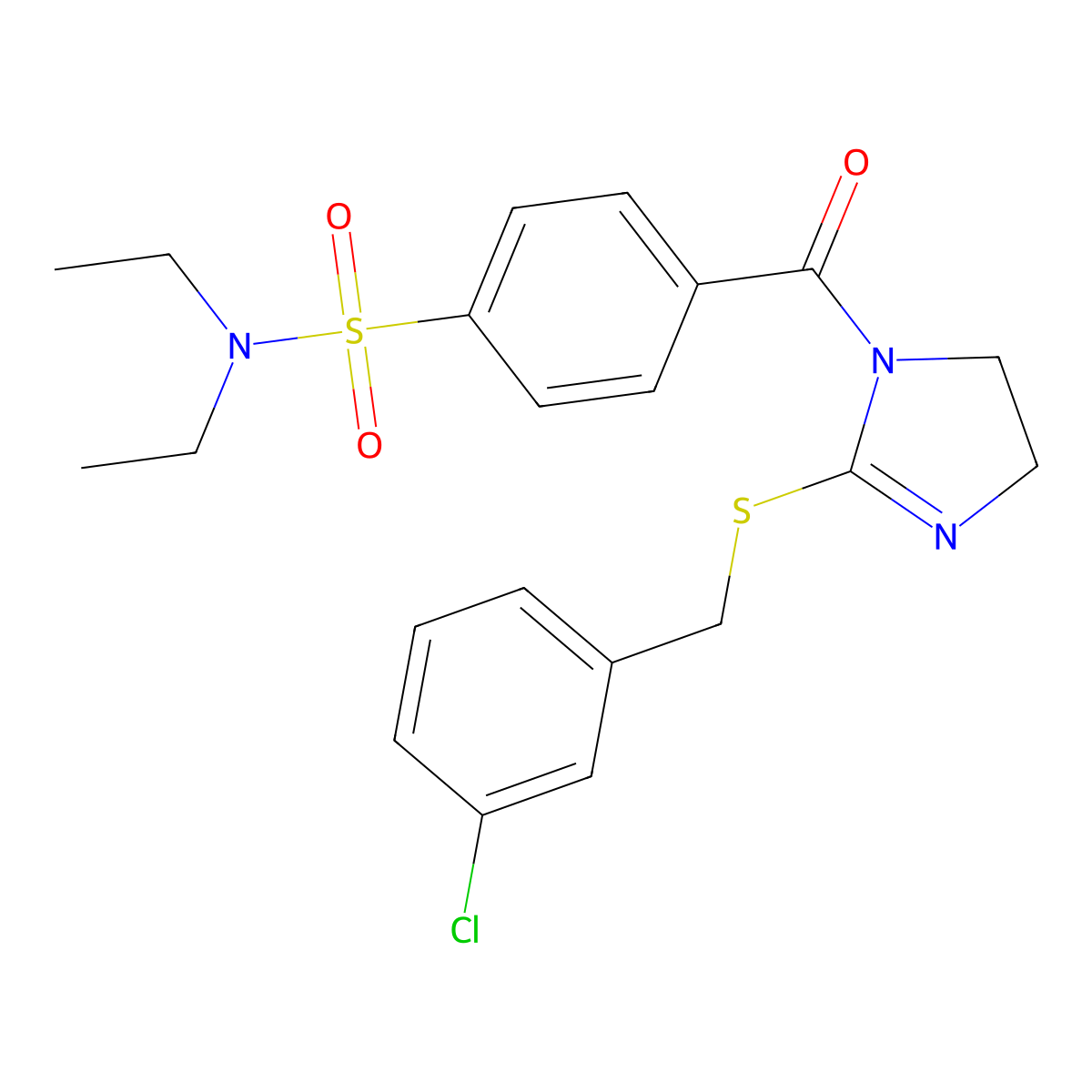4-[2-[(3-chlorophenyl)methylsulfanyl]-4,5-dihydroimidazole-1-carbonyl]-N,N-diethylbenzenesulfonamide molecular structure, CAS 851808-33-8