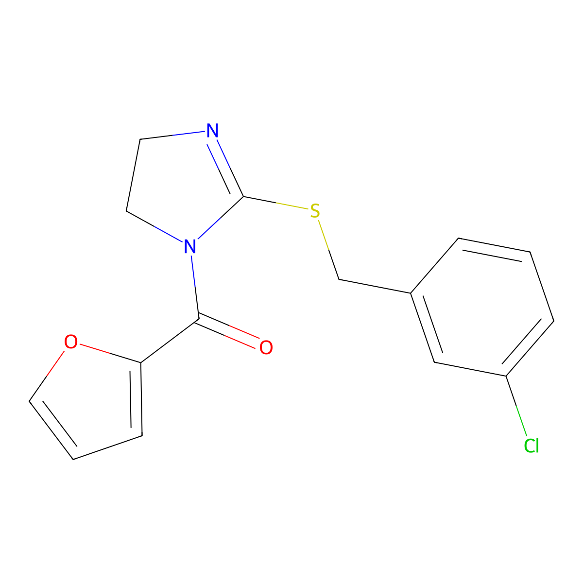 [2-[(3-Chlorophenyl)methylsulfanyl]-4,5-dihydroimidazol-1-yl]-(furan-2-yl)methanone molecular structure, CAS 851808-37-2