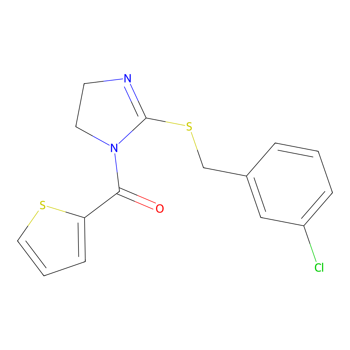 (2-((3-chlorobenzyl)thio)-4,5-dihydro-1H-imidazol-1-yl)(thiophen-2-yl)methanone molecular structure, CAS 851808-38-3