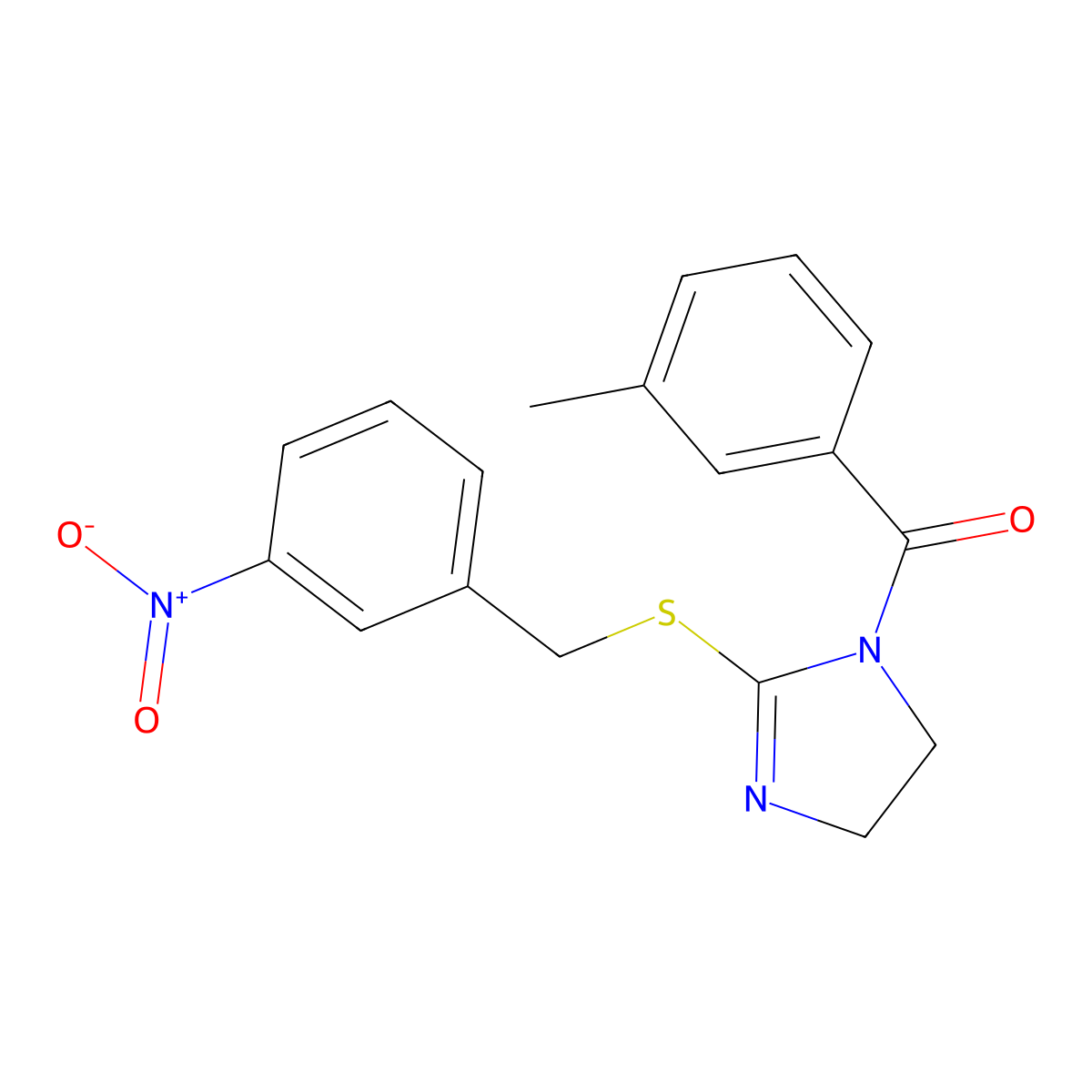 (2-((3-nitrobenzyl)thio)-4,5-dihydro-1H-imidazol-1-yl)(m-tolyl)methanone molecular structure, CAS 851808-48-5